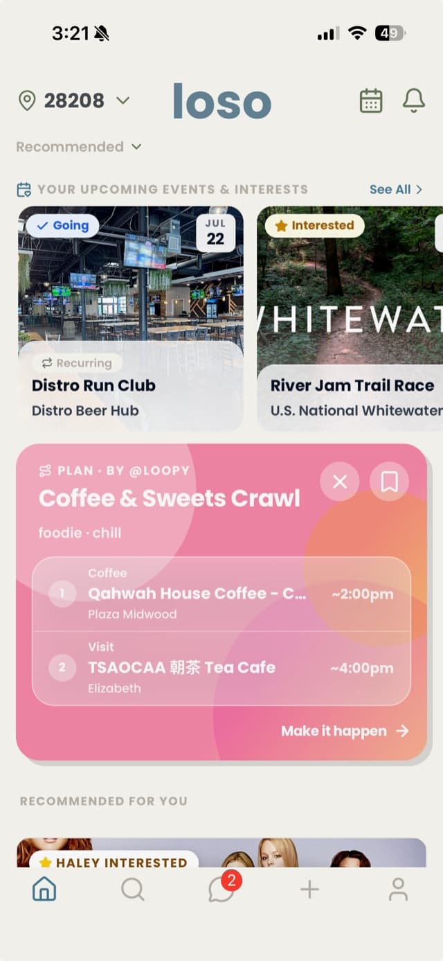 LoSo home feed showing recommended events in Charlotte